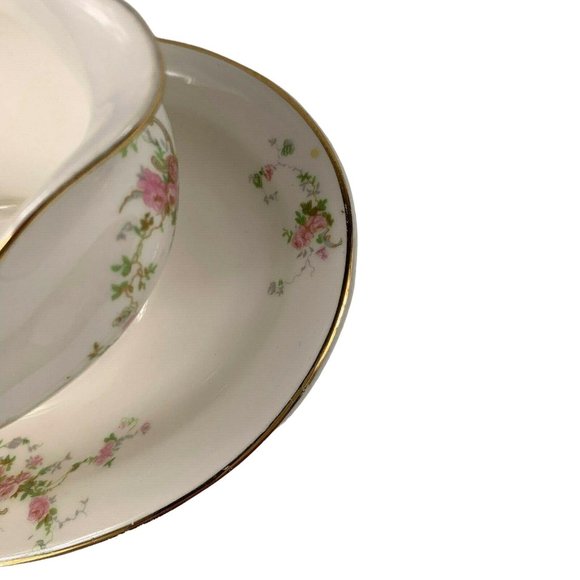 Pope Gosser Gwendolyn Gravy Boat Underplate Pink Roses Gray Scrolls Vintage - Picture 12 of 12